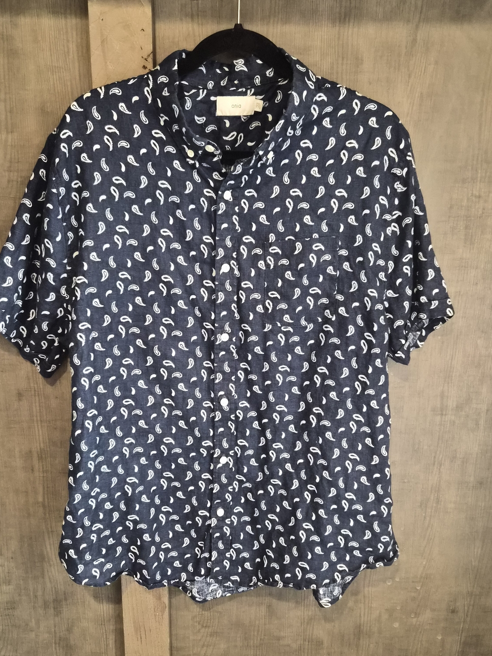 Onia Navy Short-Sleeve Button-Down with White Paisley